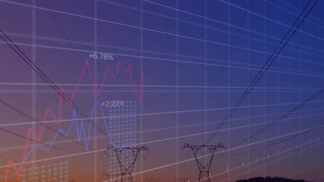 Animation-of-financial-data-processing-over-electricity-pylons-on-field