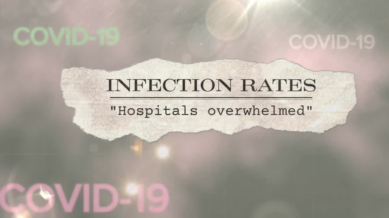 회색 배경에 떠다니는 코로나19라는 단어가 있는 신문 헤드라인의 애니메이션