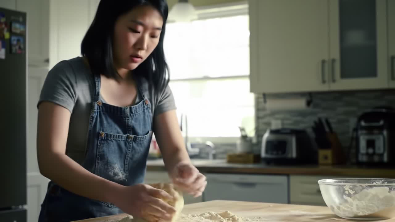 Woman Kneading Dough in Kitchen