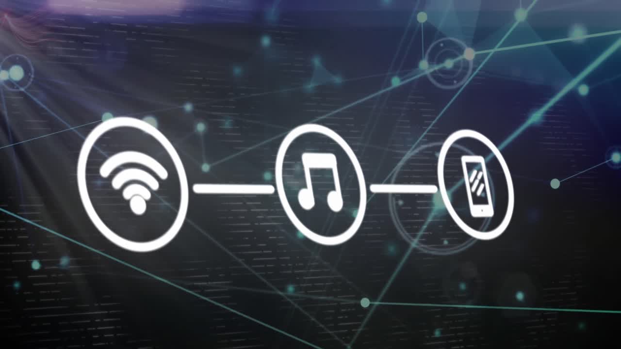 animação de rede de conexões e ícones digitais contra trilhas de luz em fundo preto