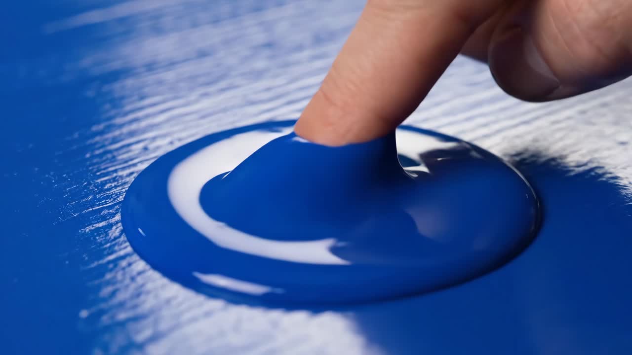 Dedo pressionando uma poça de tinta azul vibrante