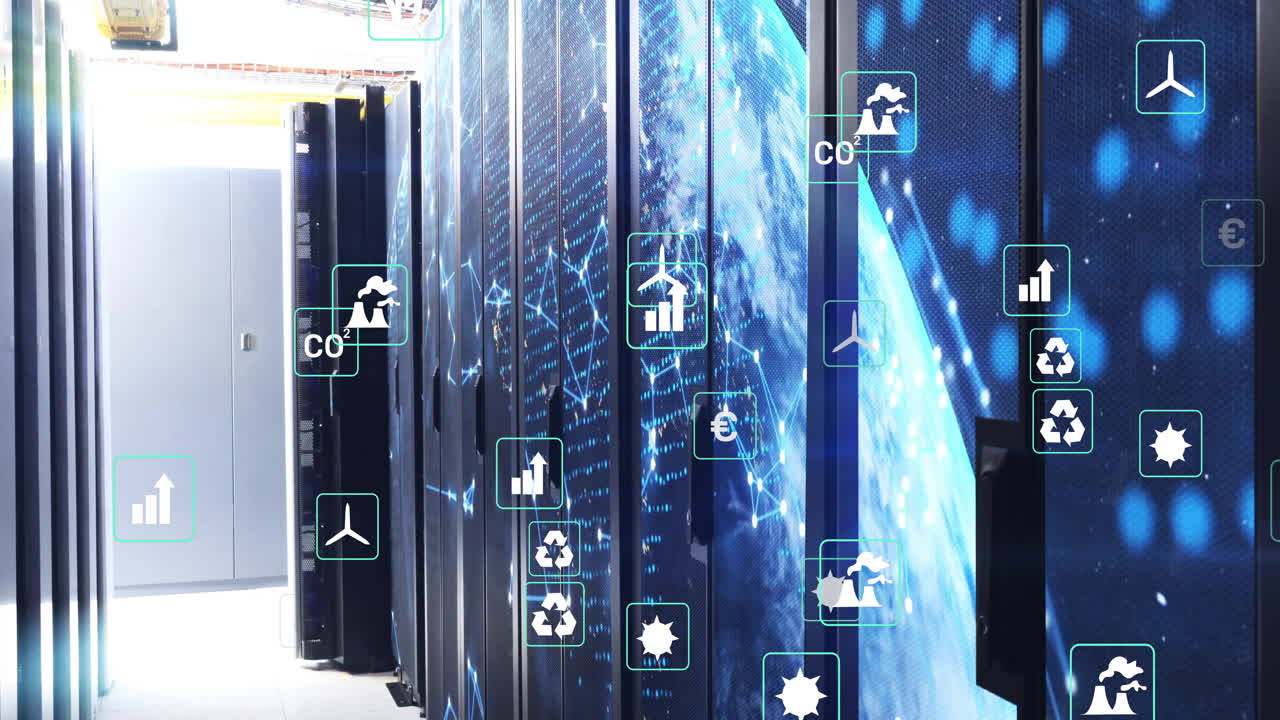 Server racks glowing and sustainability icons floating in 3D data center with network graphics