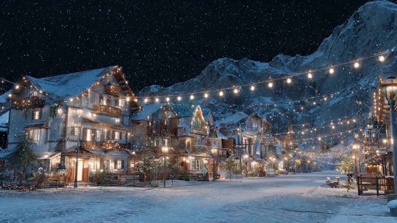 A Magical Winter Wonderland: Charming Snow-Covered Village Illuminated by Twinkling Lights Under a Starry Night Sky