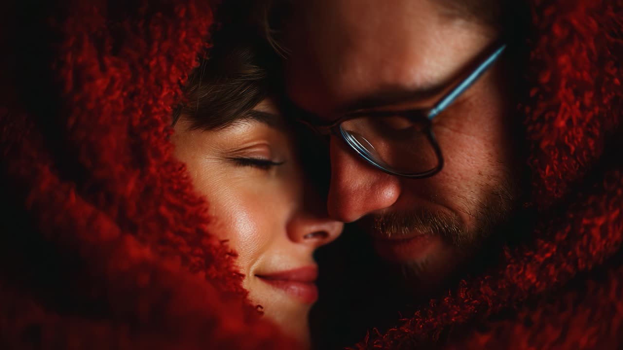 An intimate moment shared between two people wrapped in a cozy red blanket, capturing love, warmth, and connection as they gaze into each other’s eyes with tender affection