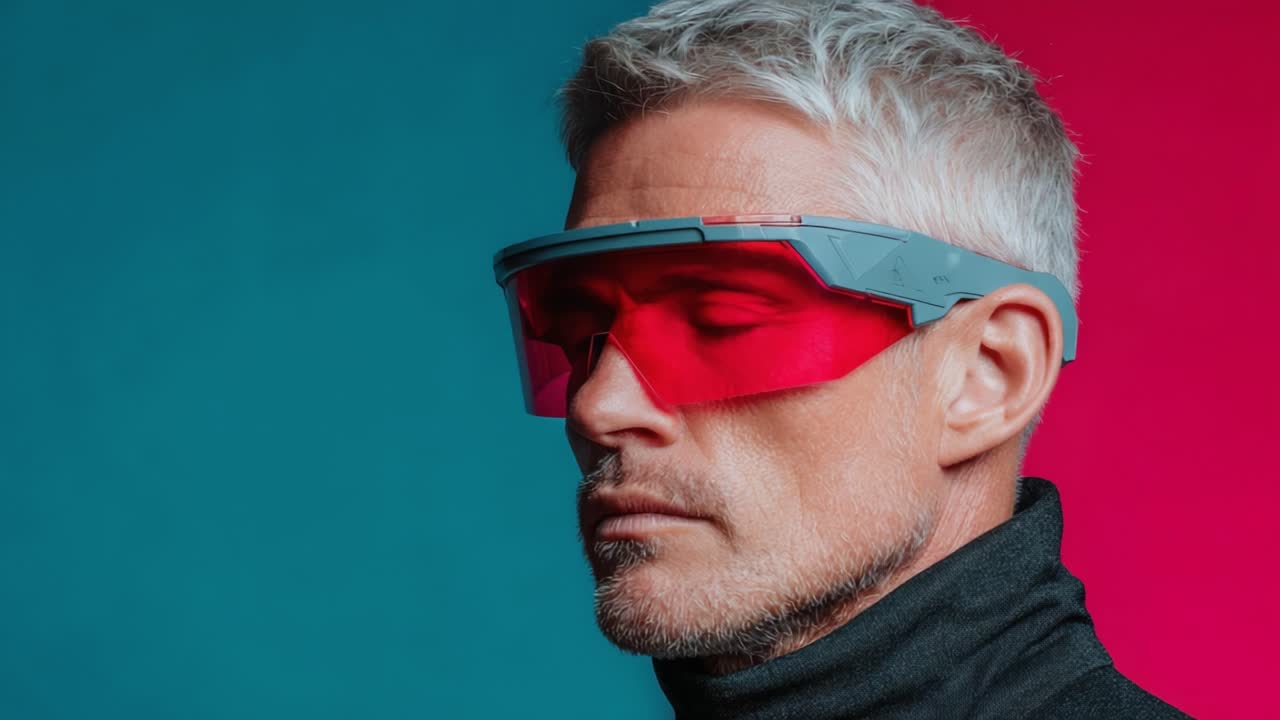 A Stylish Male Model Showcases Innovative Eyewear Featuring Vibrant Red Lenses Against a Bold Colorful Background, Highlighting Modern Fashion and Technology Trends