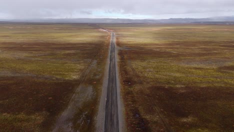 endless road cutting through an icelandic moor, overcast sky, distant horizon, aerial view