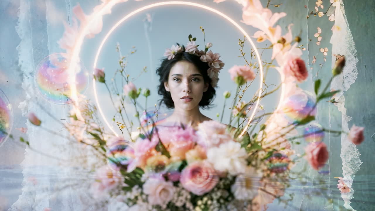Ethereal Floral Portrait with Glowing Ring and Bubbles
