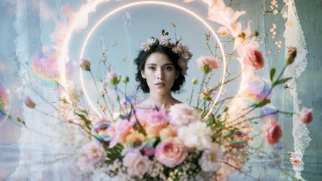 ethereal floral portrait with glowing ring and bubbles