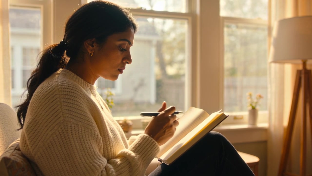 Writing woman in cream sweater checking phone turning notebook pages noting with pen by window