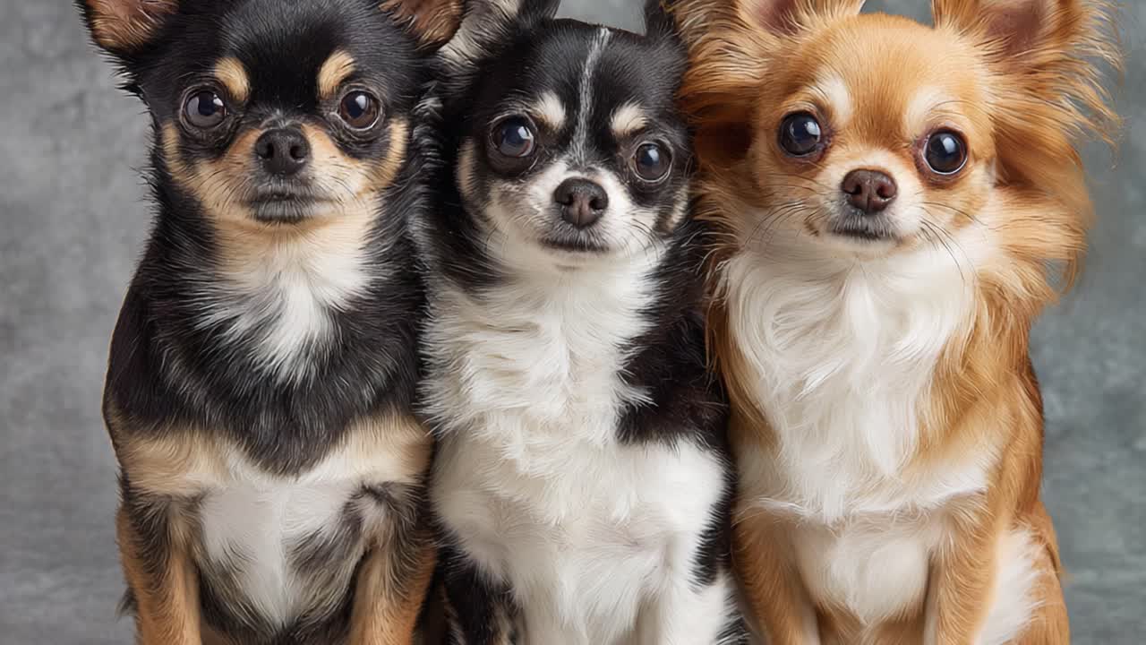 Charming Trio of Chihuahuas Posing Together: A Delightful Portrait Showcasing Their Playful Personalities and Unique Features in a Studio Setting