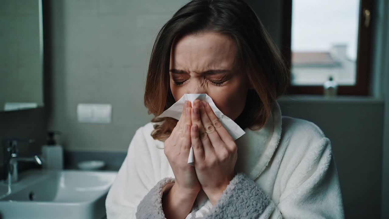 Donna adulta in accappatoio bianco che si soffia il naso dopo aver starnutito al lavandino del bagno, esaminando il fazzoletto.