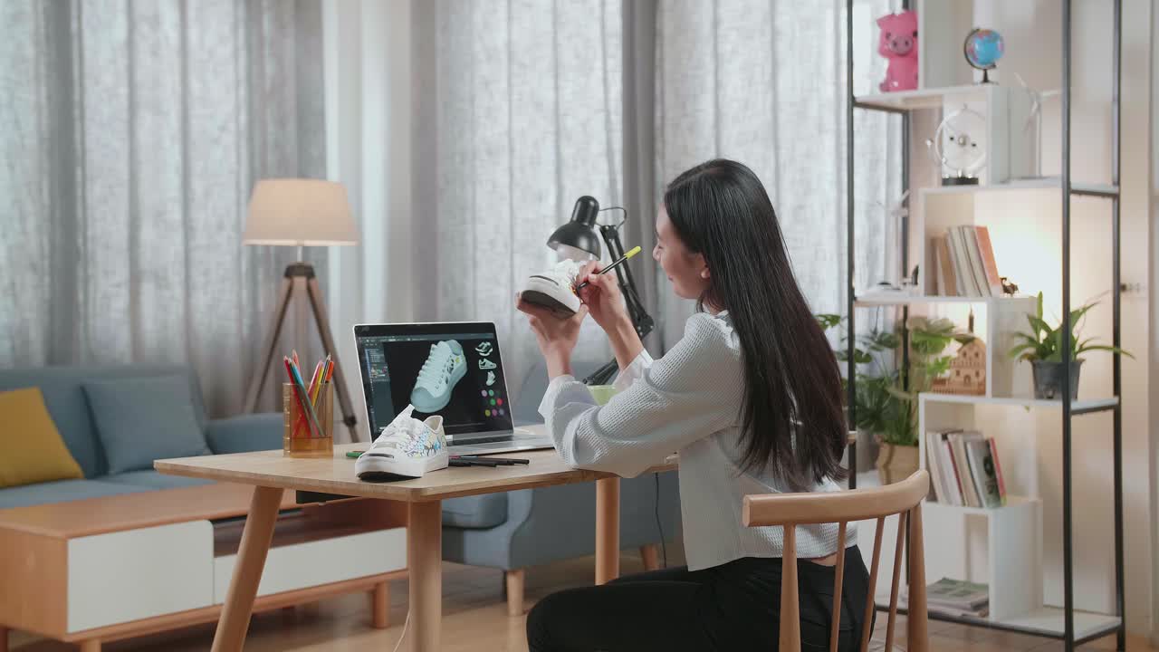 여성이 노트북에서 맞춤형 스니커를 디자인하고 있습니다.