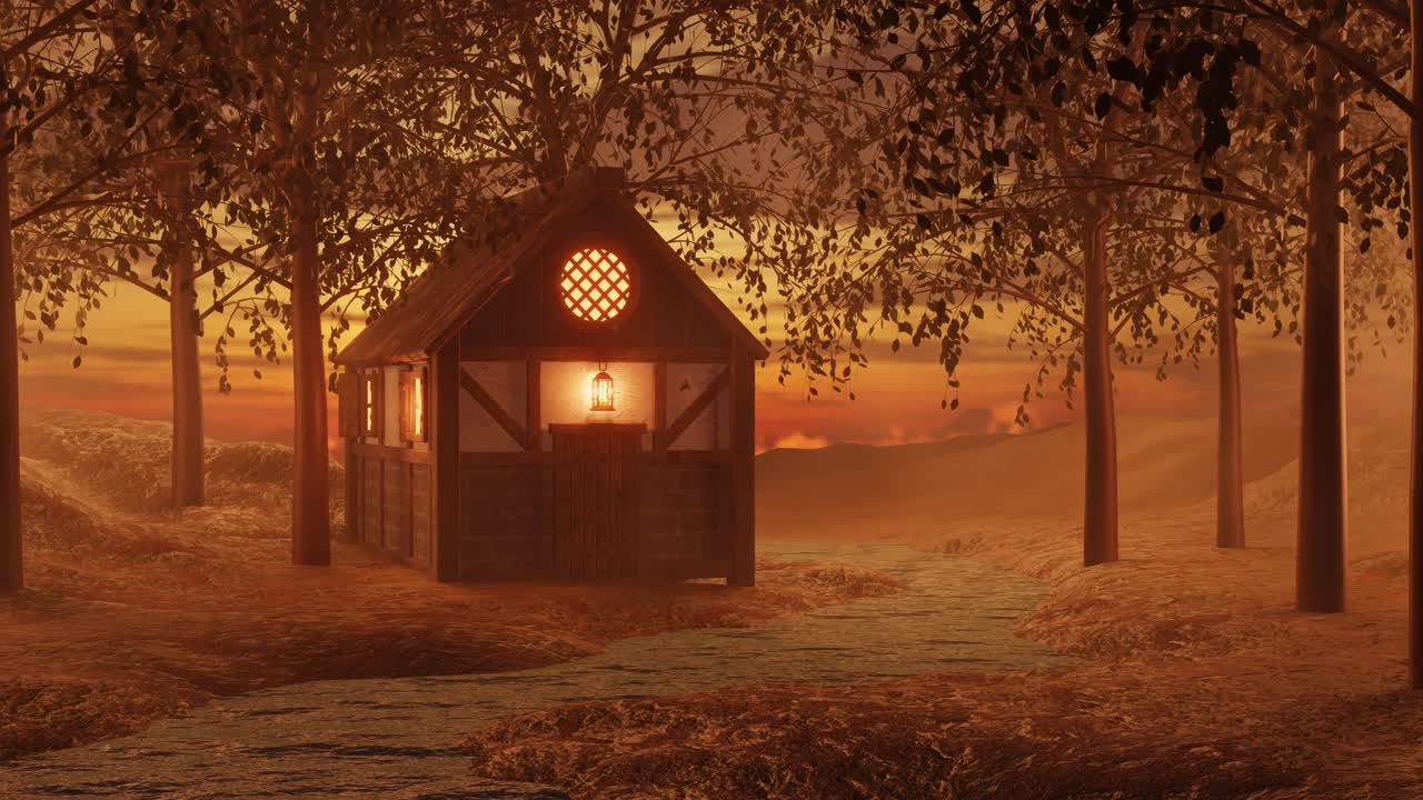 3D rendering of illuminated wooden cottage in forest at sunset