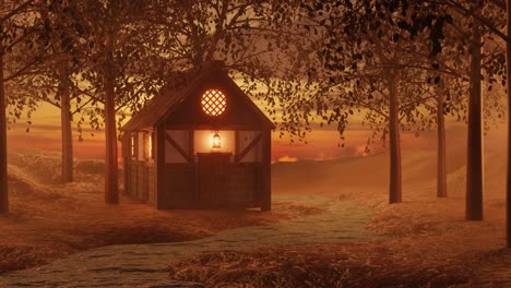3d rendering of illuminated wooden cottage in forest at sunset