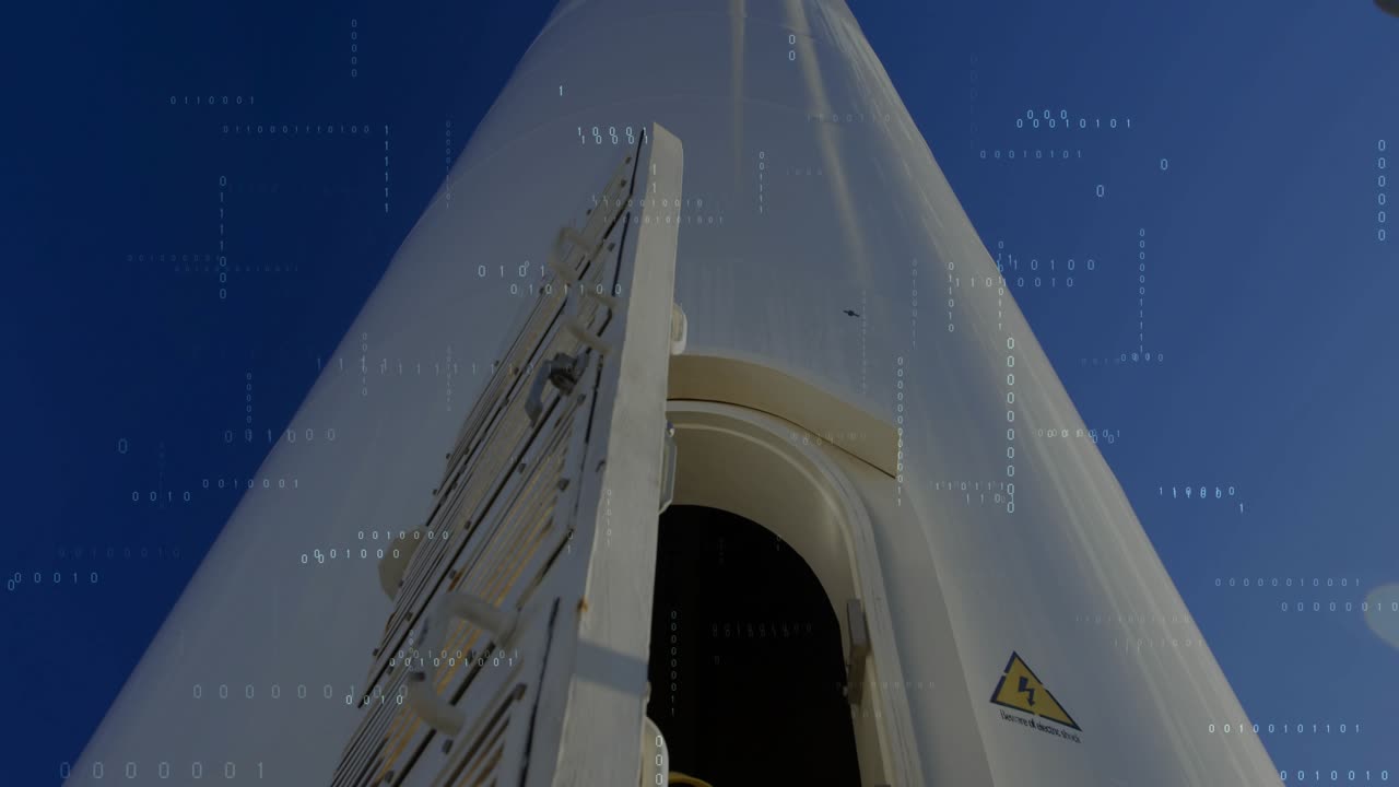Technician pushing hatch door open on wind turbine, monitoring rotor above with binary code overlay