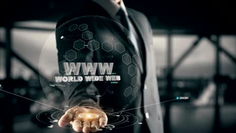 world wide web con el concepto de hombre de negocios holográfico