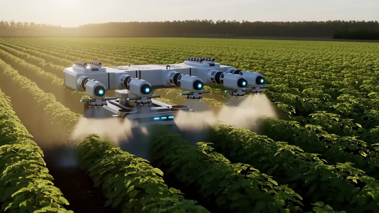 Futuristic Agricultural Drone Spraying Crops