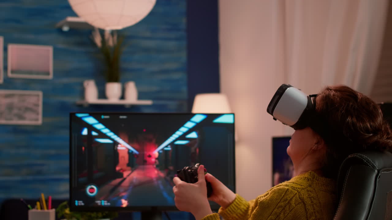 Experienced gamer wearing VR playing at home video game