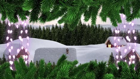 Animation-of-fairy-lights,-fir-tree-decoration,-snow-falling-over-winter-landscape