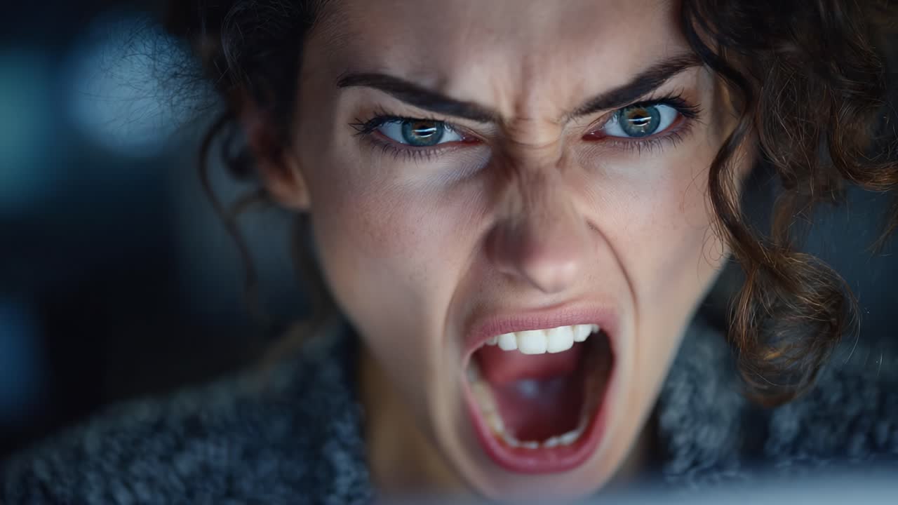 Intense Emotional Expression: A Close-Up of a Woman’s Anger and Frustration, Capturing the Raw Emotion in Her Eyes and Powerful Facial Features