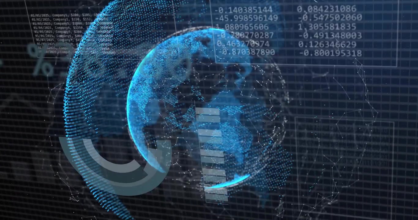 Globus dukker op, roterer, mens et cirkeldiagram roterer, datapaneler samles og viser analyser.