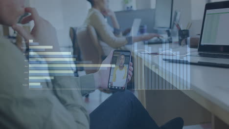 animation of financial data processing over diverse business people in office
