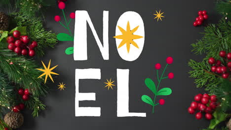 animation of noel text over christmas fir tree branches