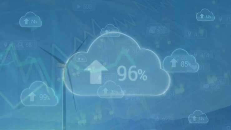 Animation of clouds icons with percents over data processing and wind turbine