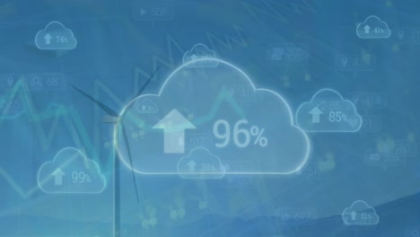 Animación-De-Iconos-De-Nubes-Con-Porcentajes-Sobre-Procesamiento-De-Datos-Y-Turbina-Eólica