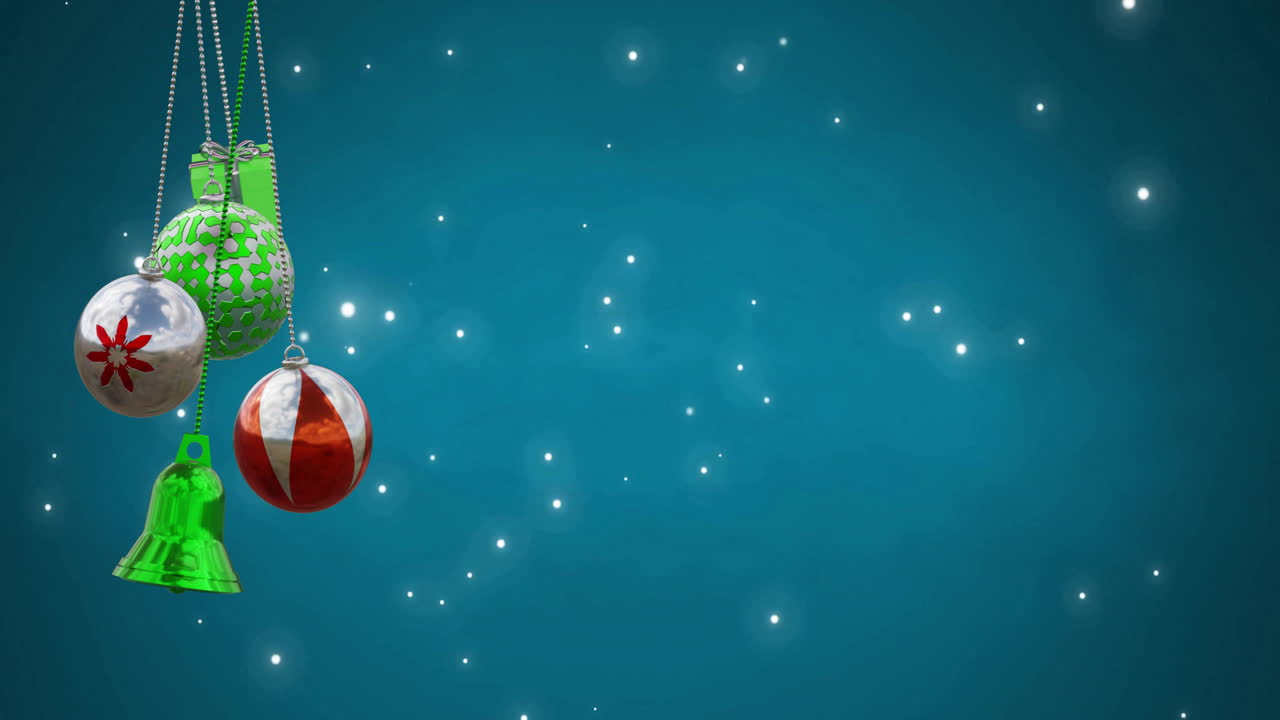 Animation of christmas baubles over light spots on blue background