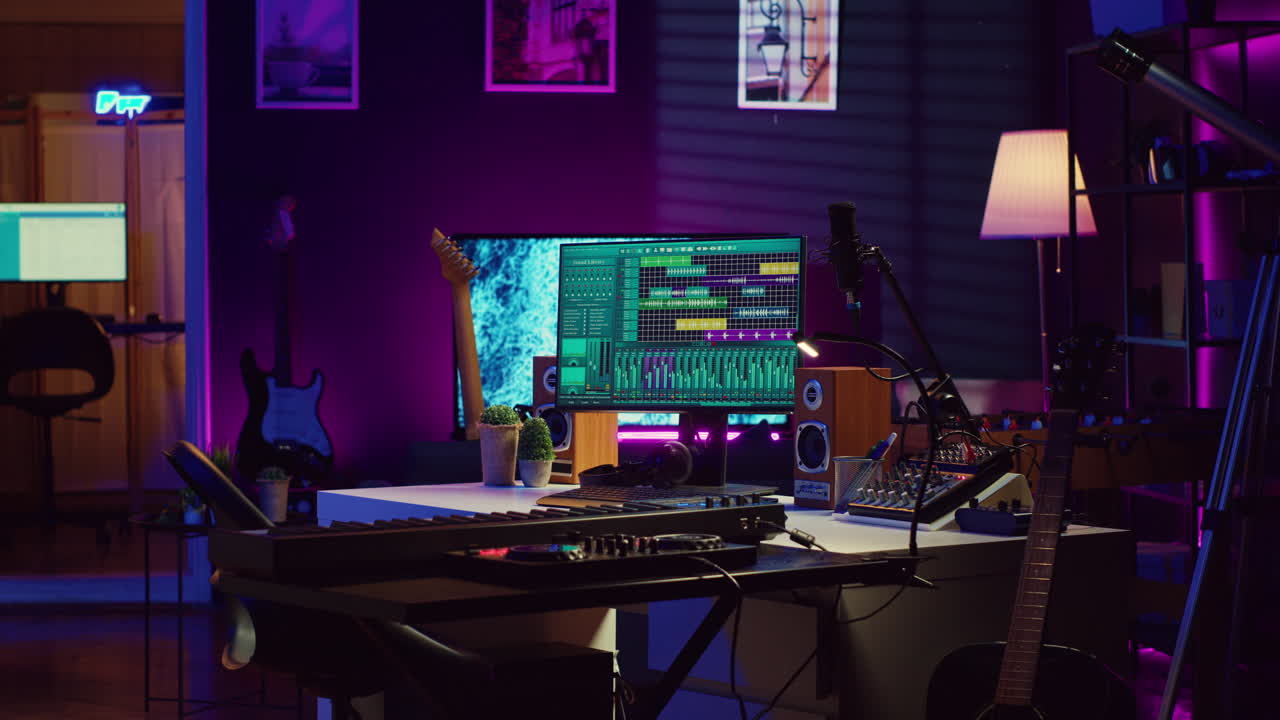 Empty home studio filled with recording and mixing instruments