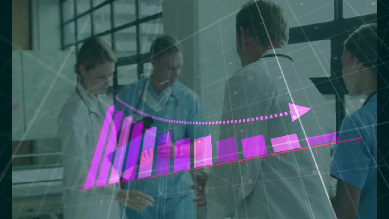 Doctors discussing patient care with bar graph animation over them