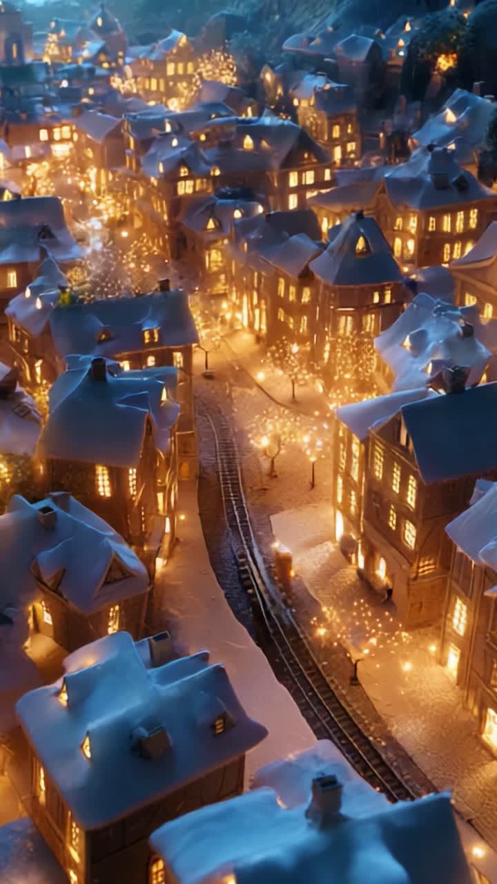 A Charming Winter Wonderland: A Magical Snow-Covered Village Illuminated with Warm Lights, Capturing the Essence of Holiday Spirit and Enchantment in Every Tiny Detail, Perfect for Festive Celebrations