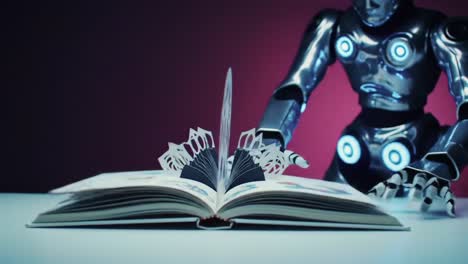 a futuristic robot engages with a pop-up book, showcasing intricate 3d designs and interactive storytelling elements in a captivating environment