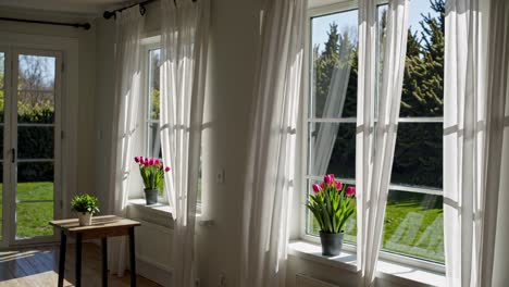 gentle spring breeze awakening, softly blowing white curtains in a sunlit room, creating a peaceful and serene atmosphere with pink tulips adding a touch of color to the idyllic scene