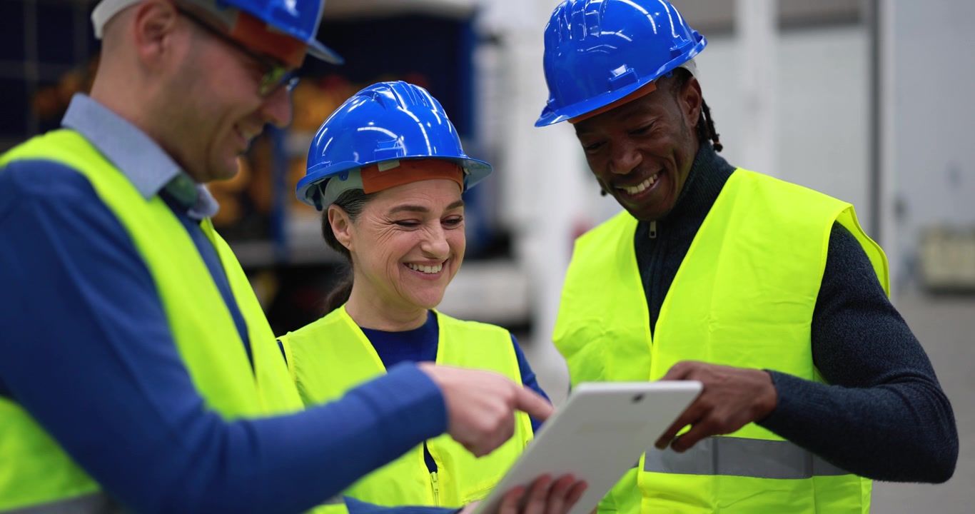 Diverse Team of Industrial Workers Discussing Project on Tablet