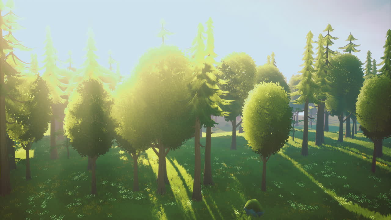 빛은 조용한 숲에서 활기찬 초록색 나무를 통해 필터링됩니다.