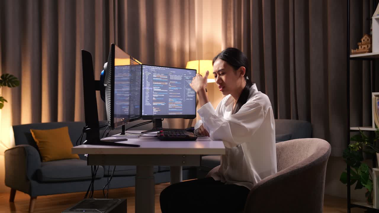 머리가 아픈 아시아 여성 프로그래머, 소프트웨어 엔지니어, 집에서 데스크 컴퓨터에서 앱, 프로그램, 비디오 게임을 개발하는 코딩 언어의 터미널