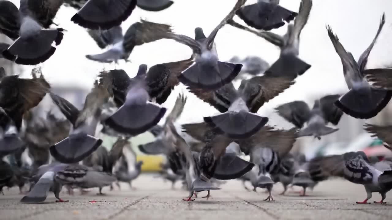 Vibrant Moments of Avian Activity: A Dynamic Display of Pigeons Taking Flight on a City Sidewalk Captured in Motion