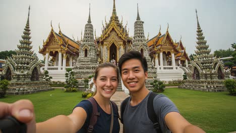 a joyful moment captured: two friends celebrating their visit to a beautiful temple surrounded by stunning architecture and lush greenery