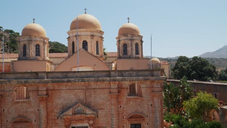 overview-of-medieval-mediterranean-greek-building-in-Greek-Orthodox-monastery-Agia-Triada-Holy-Trinity,-Crete-Greece