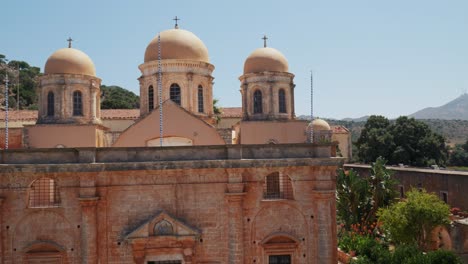 overview of medieval mediterranean greek building in greek orthodox monastery agia triada holy trinity, crete greece