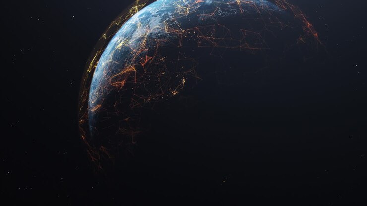 Earth Digital Communication Signals, 3D Realistic Render, Holographic Animated Satellite Trails, Communication Connections