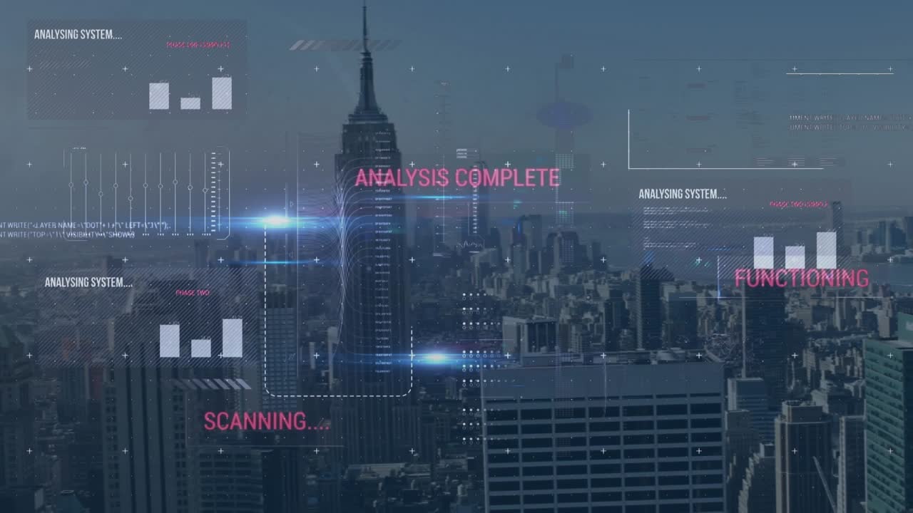 Animation of data processing over cityscape