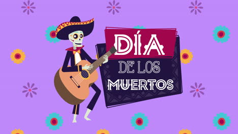 dia de los muertos animación con cráneo mariachi tocando la guitarra