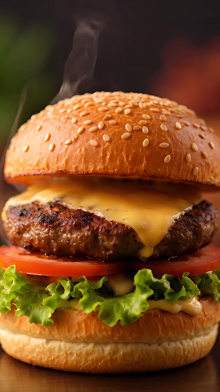 Hamburguesa Jugosa en Primer Plano con Fondo Bokeh 4K