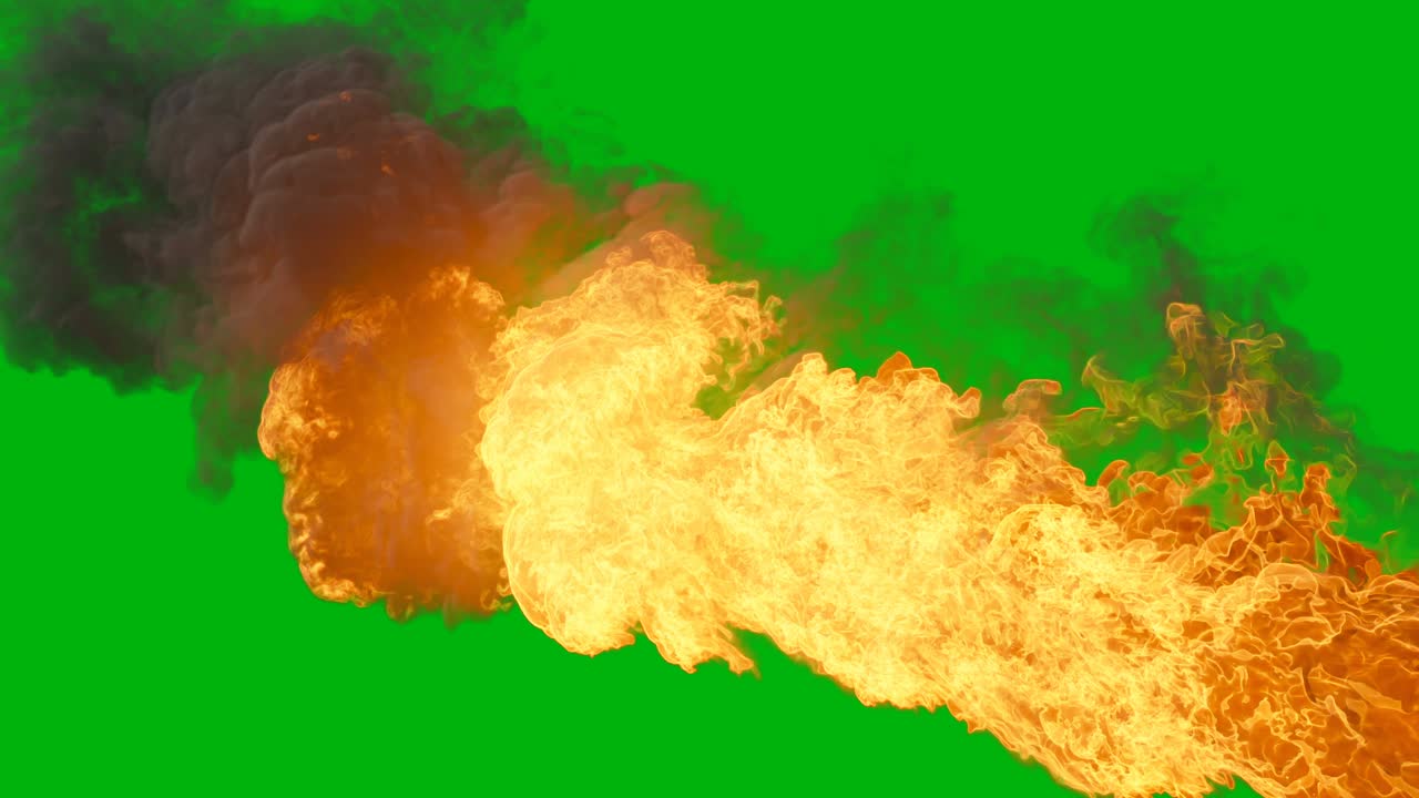 potente combustión de combustible con humo espeso. transición realista de la explosión de fuego con alfa. fuego con humo y explosión del combustible. animación vfx frente a la pantalla verde.