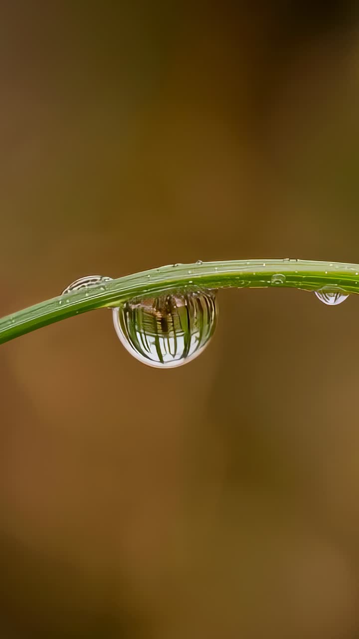 Video verticale: mano che tiene un filo d'erba verde con goccia di rugiada che riflette steli capovolti, due perle, macro