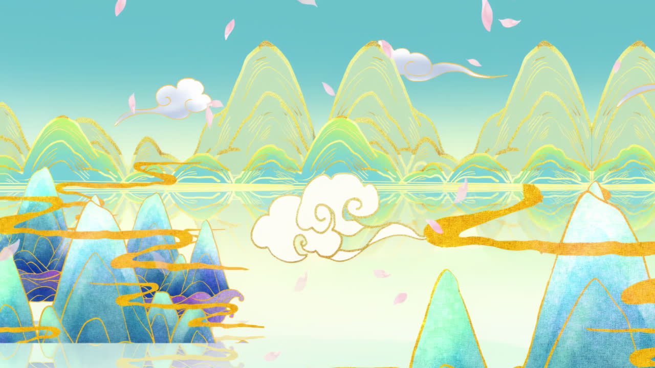 Daytime ancient traditional Chinese Japanese National trend petals falling landscape Painting of beautiful calm trees, mountains, flowers, lake, water, birds, blue sky, boat, cherry blossoms season