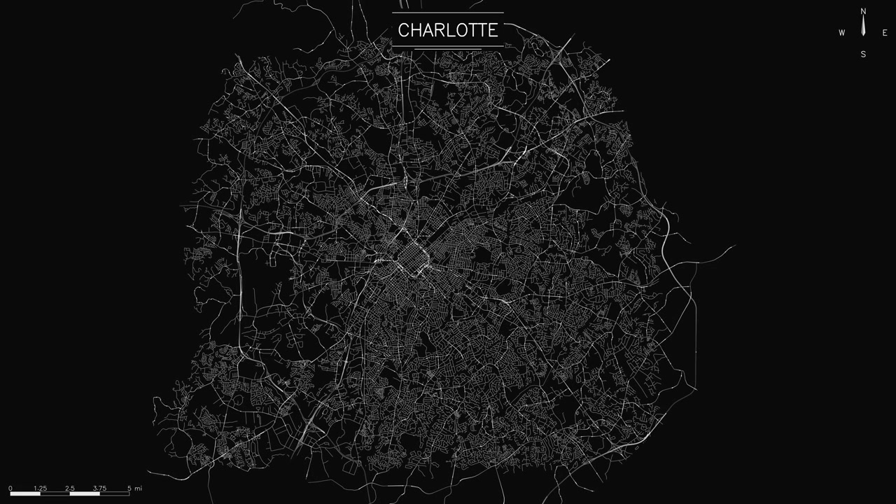 Mappa di Charlotte, Carolina del Nord, rete stradale di luci bianche fluenti che rappresentano il traffico, città americana